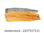 Small photo of Fillets of smoked mackerel on white background.