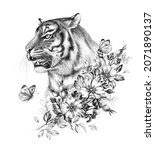 hand drawn monochrome tiger... | Shutterstock . vector #2071890137