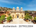 View of Greek Orthodox monastery Agia Triada in the Akrotiri peninsula in the Chania, Crete. Greece.