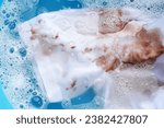 Small photo of Dirty choclate stain on white shirt in water with detergent water dissolution, washing cloth