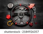 Sport car tuning gear concept flat lay background with copy space. Motorsport automobile equipment.