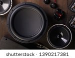 car audio, car speakers, subwoofer and accessories for tuning. Top view