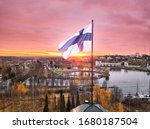 Aerial view of finnish flag on...