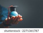Small photo of Graduation cap with Earth globe. Concept of global business study, abroad educational, Back to School. Education in Global world, Study abroad business in universities in worldwide. language study