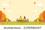 Autumn background vector illustration. Loving couple sitting on log with autumn landscape