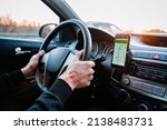 Gps car map system. Global positioning system on smartphone screen in auto car on travel road. Navigation auto location system app