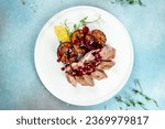 Duck breast fillets steak with plums, banner, menu, recipe place for text, top view,