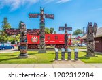 Small photo of DUNCAN,CANADA - JULY 5,2018 - View of totems in Duncan. Duncan is "The City of Totems". The city has 80 totem poles around the entire town.