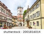 Small photo of WANGEN IM ALLGAU,GERMANY - JUNE 20,2021 - View at the Ravensburger Tor Tower in Wangen im Allgau. Wangen im Allgau is Town in Baden-Wurttemberg