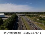 Small photo of Clarksburg, Maryland, USA - July 23, 2022: An aerial view of commuter traffic heading southbound towards Washington, D.C. during rush hour traffic on Interstate 270.