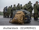 Mobilization in Russia. The gathering of recruits for the Special Military Operation in Ukraine. A soldier's duffel bag. Soldiers with things waiting mobilization. 