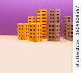 Small photo of Miniature city with yellow brown houses on purple beige background. Abstract urban architecture landscape, simplified town layout with high-rise buildings, skyscrapers with many windows. copy space