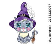Cartoon Cat In Purple Witch Hat ...