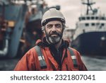 Small photo of Sailor in port facility near the ship in safety helmet, uniform, boiler suit staying near derrick, crane. . High quality photo