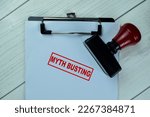 Small photo of Concept of Red Handle Rubber Stamper and Myth Busting text isolated on on Wooden Table.