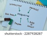 Small photo of Concept of Etiquette write on book with keywords isolated on Wooden Table.