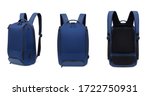 Small photo of Bright sporty deep blue backpack, front view and back three quarters, blank, mock-up, clipping path isolated on white background