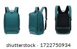 Small photo of Bright sporty turquoise backpack, front view and back three quarters, blank, mock-up, clipping path isolated on white background