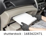 Small photo of Women driver remove air filter in cooling system by myself check dust and amiss in Passenger car of car service concept