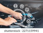 Car service technology,Customer Satisfaction Guarantee on virtual screens concept, Employees check the conditions of quality warranty and service repair auto part of car service process