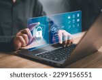 Cybersecurity privacy of data protection, Businessman using laptop protection and Secure encryption technology firewall security in online network, secured access to user personal data concept