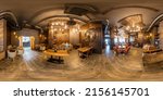 Small photo of MINSK, BELARUS - 2017: spherical seamless hdr 360 panorama in loft vip interior of banquet hall with appliances in luxury restaurant with intimate lighting in equirectangular projection. VR