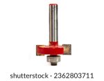 Small photo of Used, red rabbet router bit close up shot on white background.