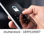 Mobile phone security code, password or lock for personal online privacy and verification. 2FA (two factor authentication) and passcode for data and identity protection. Cyber hacker, fraud or threat.