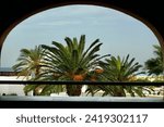 Small photo of Terrace with palm trees and sea views in Zahara de los Atunes. Mediterranean style in Zahara de los Atunes, Cadiz. Cadiz Tourism, Vacations in Cadiz. Spain.