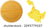 Golden collage of yellow items for Heilongjiang Province map, and golden metallic Nudist Area stamp seal. Heilongjiang Province map collage is composed of randomized gold parts.