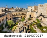 Small photo of Jerusalem, Israel - October 12, 2017: Inner courtyard, walls and archeological excavation site of Tower Of David citadel stronghold in Jerusalem Old City