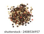 Mixed of peppers on a white background. Pepper mix. Black, red, white, and green peppercorns on a white background.  top view.