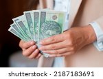 Small photo of the girl holds in her hands banknotes money polish zlotys and pennies coins salary for payment