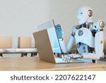 Robot working business to laptop AI UI interface Object manufacturing industry technology Product export and import of future Robot cyber in the warehouse Arm mechanical control future data technology
