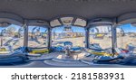 Small photo of Tbilisi, Georgia - April 11 2022: Full 360 by 180 degree angle equirectangular equidistant spherical panorama of articulated tandem roller Bomag bw151ad interior. Asphalt compaction. VR content
