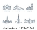 Set line icons of cities. The collection of the most famous and largest cities of Australia. Vector illustration, flat design, white isolated. Sydney, Melbourne, Perth, Brisbane, Adelaide, Hobart