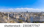 Panoramic cityscape and skyline view of Buenos Aires near landmark obelisk on 9 de Julio Avenue.