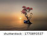 a boat with a tree in  the sunset