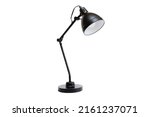 Black lamp on a white background. Front side view. Modern Scandinavian style desk lamp. Minimalistic interior decoration object.