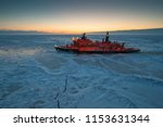 Icebreaking vessel in Arctic with background of sunset