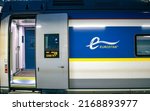 Small photo of London, England. April 15th, 2022: Eurostar carriage along a platform in Paris.