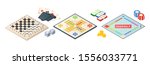 Board games isometric. Various tools for board games. Dices, pawns cards coins money. Vector board games elements