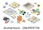 Board games. Adults funny games isometric cards backgammon chess mahjong vector