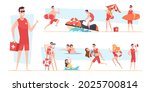 Beach lifeguards. Kids spend good safety time on the summer beach sea or ocean recreation works exact vector lifeguard characters