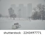 Modern buildings in the park in a snowstorm, a bench and a trash can. Cityscape in winter during heavy snowfall