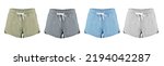 Small photo of Collection of summer shorts. Women's light short shorts with a drawstring. Isolated image on a white background.