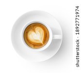 Small photo of hot coffee cup,cappuccino, espresso, top view, have heart shaped cream isolated with clipping path on white background.