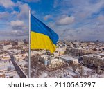 Ukrainian flag in the wind. Blue Yellow flag in the city of Kharkov.