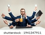 Small photo of Businessman with many hands in a suit. Works simultaneously with several objects, a mug, a magnifying glass, papers, a contract, a telephone. Multitasking, efficient business worker concept