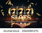 Small photo of Online casino, smartphone with slot machine with jackpot and gold coins. Online Slots, Lucky Seven 777, Dark Gold Style. Luck concept, gambling, jackpot, banner